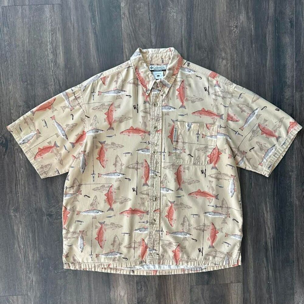 Columbia Fresh Water Fish Trout Print Shirt Button Up Short Sleeve Men's Large